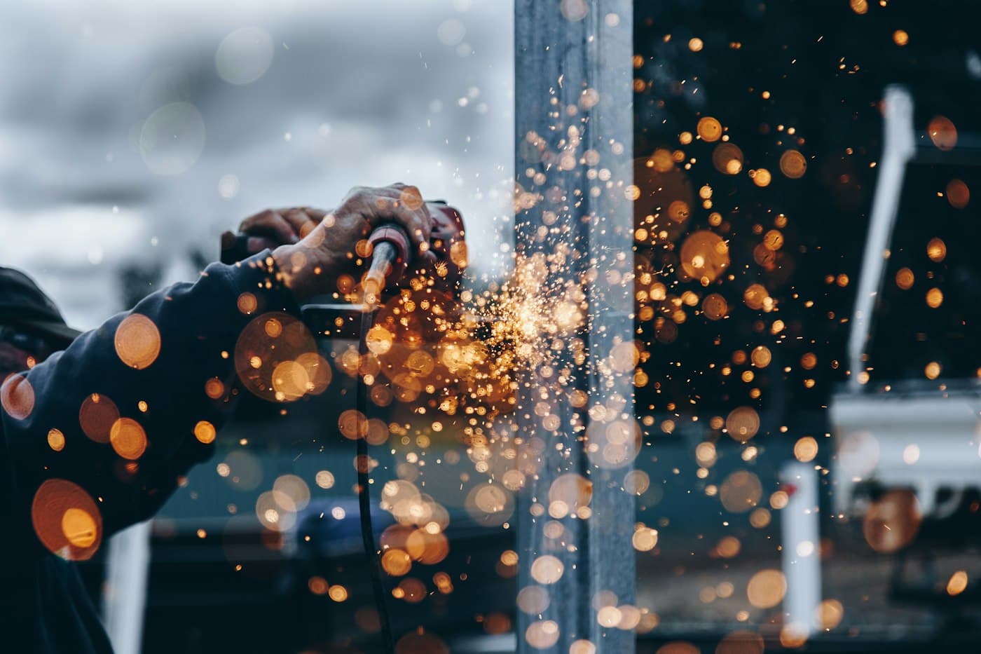 Steel fabrication with welding sparks