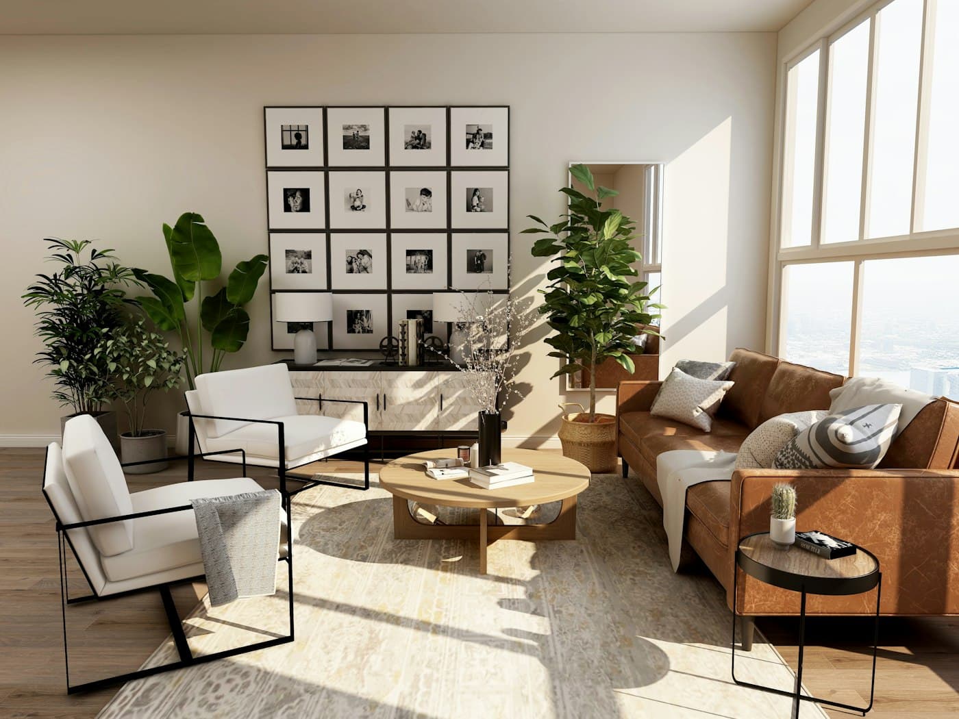 Light-filled living room with natural materials